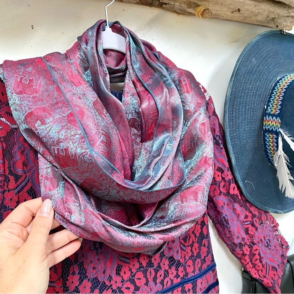 ✨ Enchanting SILK Pink and Teal SCARF/body wrap w Gypsy southwestern vibe - Picture 13 of 16